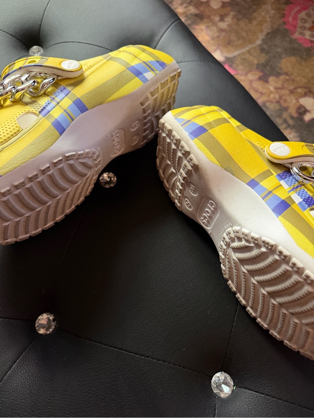 Ladies Yellow Plaid Slip-On Limited Edition Crocs with Chain Accent - Picture 3 of 3